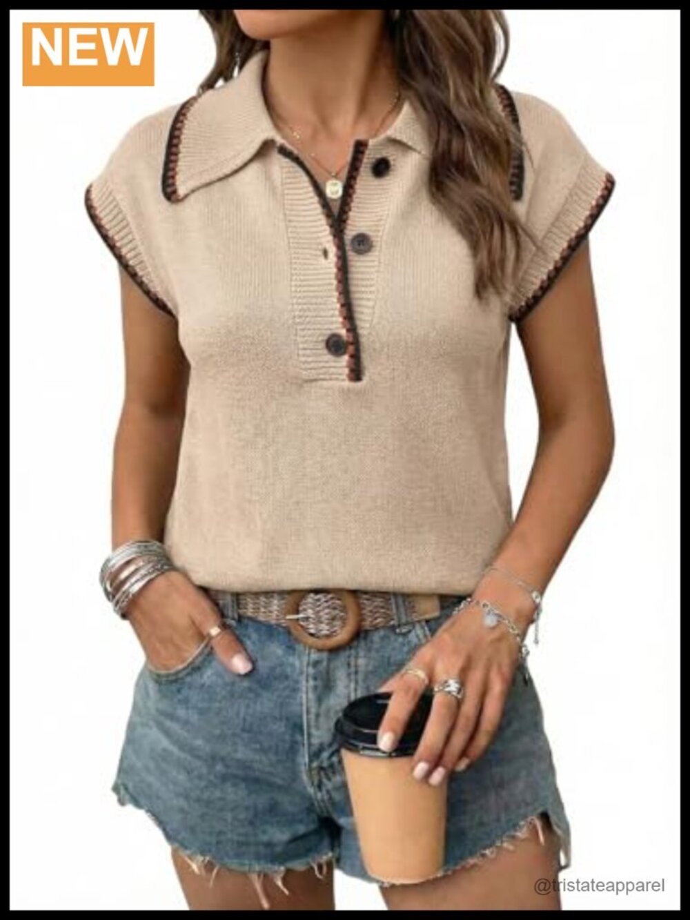 Women's Short Sleeve Sweater Vest Button Collar Lightweight Ribbed Knit